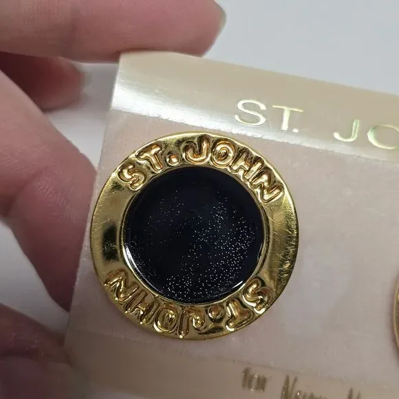 St John Gold Black Enamel Logo Circle Vintage 80s Clip On Earrings - Picture 4 of 8
